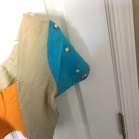 Blue and Orange and Beige Georgette Sari - Picture 6 of 6